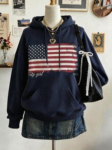 Lalippa 美國國旗多色效果印花時尚極簡主義秋冬女款標準版型連帽長袖運動衫，送給朋友的禮物 - 藏蓝色 - 查看 1