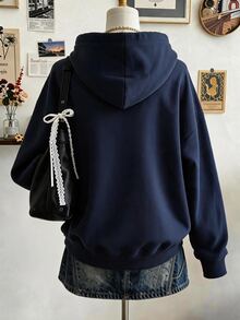 Lalippa 美國國旗多色效果印花時尚極簡主義秋冬女款標準版型連帽長袖運動衫，送給朋友的禮物 - 藏蓝色 - 查看 2