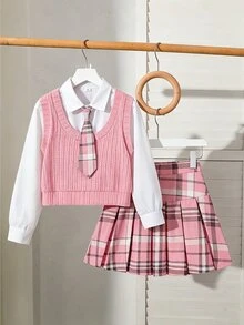 SHEIN 少女 2 件組長袖上衣與格紋百褶裙休閒可愛套裝，校園與校外穿搭，白色粉色，秋季 - 彩色 - 查看 4