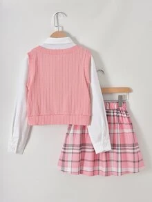SHEIN 少女 2 件組長袖上衣與格紋百褶裙休閒可愛套裝，校園與校外穿搭，白色粉色，秋季 - 彩色 - 查看 2