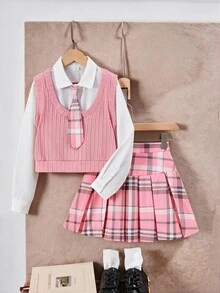 SHEIN 少女 2 件組長袖上衣與格紋百褶裙休閒可愛套裝，校園與校外穿搭，白色粉色，秋季 - 彩色 - 查看 5