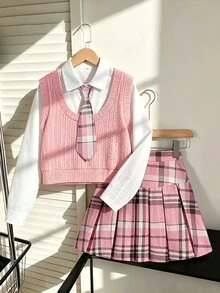 SHEIN 少女 2 件組長袖上衣與格紋百褶裙休閒可愛套裝，校園與校外穿搭，白色粉色，秋季 - 彩色 - 查看 3