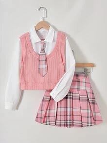 SHEIN 少女 2 件組長袖上衣與格紋百褶裙休閒可愛套裝，校園與校外穿搭，白色粉色，秋季 - 彩色 - 查看 6