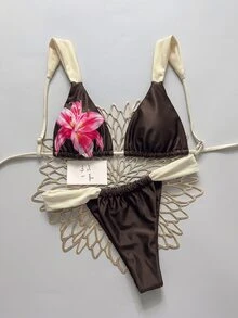 Elavelle Women's Floral Print Swimwear Set - Black - View 2