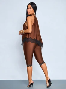 SOLERSUN Women's Lace Patchwork Halter Top And Leggings 2 Pieces Set Going Out Night Out Brown Checkered Summer Sexy - Coffee Brown - View 2