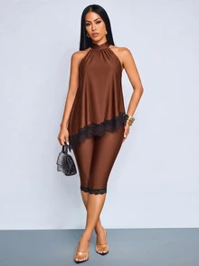 SOLERSUN Women's Lace Patchwork Halter Top And Leggings 2 Pieces Set Going Out Night Out Brown Checkered Summer Sexy - Coffee Brown - View 3