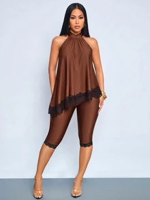 SOLERSUN Women's Lace Patchwork Halter Top And Leggings 2 Pieces Set Going Out Night Out Brown Checkered Summer Sexy - Coffee Brown - View 4