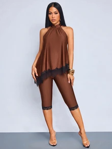 SOLERSUN Women's Lace Patchwork Halter Top And Leggings 2 Pieces Set Going Out Night Out Brown Checkered Summer Sexy - Coffee Brown - View 6