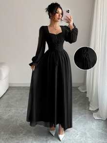 Modelyn Sweetheart Square Neck Long Puff Sleeve Maxi Dress, Front Lace‑Up High Waist Flowy A‑Line Dress - Black - View 5