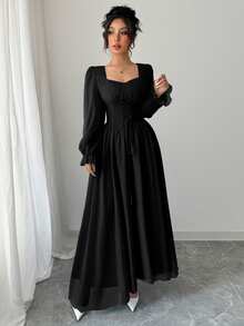 Modelyn Sweetheart Square Neck Long Puff Sleeve Maxi Dress, Front Lace‑Up High Waist Flowy A‑Line Dress - Black - View 7