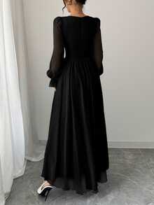 Modelyn Sweetheart Square Neck Long Puff Sleeve Maxi Dress, Front Lace‑Up High Waist Flowy A‑Line Dress - Black - View 2