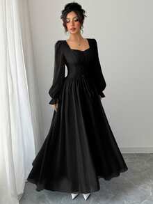 Modelyn Sweetheart Square Neck Long Puff Sleeve Maxi Dress, Front Lace‑Up High Waist Flowy A‑Line Dress - Black - View 4