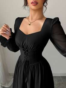 Modelyn Sweetheart Square Neck Long Puff Sleeve Maxi Dress, Front Lace‑Up High Waist Flowy A‑Line Dress - Black - View 6