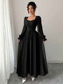 Modelyn Sweetheart Square Neck Long Puff Sleeve Maxi Dress, Front Lace‑Up High Waist Flowy A‑Line Dress - Black - View 3