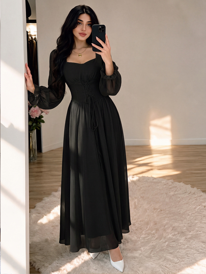 Modelyn Vestido maxi con escote cuadrado, mangas largas abullonadas, cintura alta con cordones delanteros y falda fluida en línea A