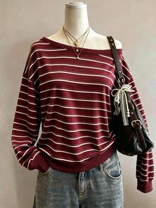 Collagica Collagica Striped Digital Print Fashion Minimalist Women's Large Scoop Neck Long Sleeve Sweatshirt, Gift For Friends Fall - Multicolor - View 1