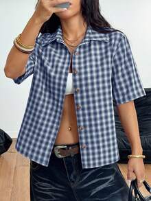 Fiercella Fiercella Streetwear 女式格子拉链口袋短袖衬衫 - 藍色 - 查看 4