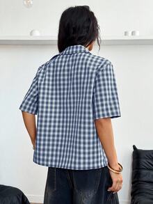 Fiercella Fiercella Streetwear 女式格子拉链口袋短袖衬衫 - 藍色 - 查看 2