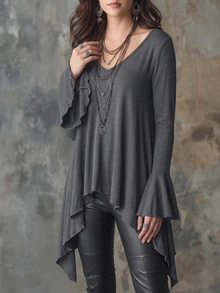 Glimmora New Plus Size Women's Fashion Casual Versatile Mid-Length Flare Ruffle Sleeve Long Sleeve T-Shirt - Grey - View 3