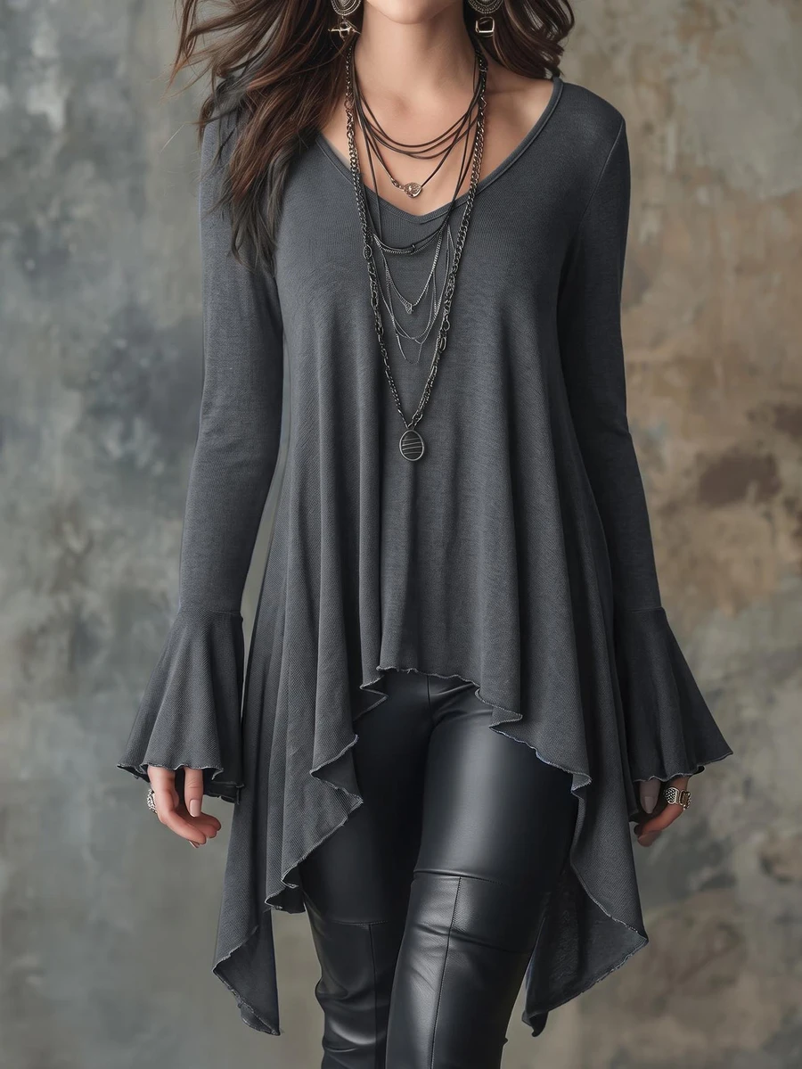 Glimmora New Plus Size Women's Fashion Casual Versatile Mid-Length Flare Ruffle Sleeve Long Sleeve T-Shirt - Grey - View 1