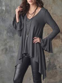Glimmora New Plus Size Women's Fashion Casual Versatile Mid-Length Flare Ruffle Sleeve Long Sleeve T-Shirt - Grey - View 6