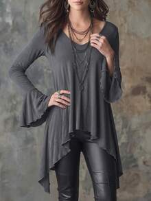Glimmora New Plus Size Women's Fashion Casual Versatile Mid-Length Flare Ruffle Sleeve Long Sleeve T-Shirt - Grey - View 5