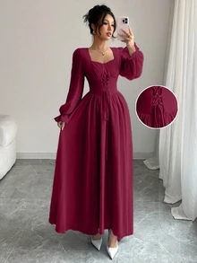 Modelyn Sweetheart Square Neck Long Puff Sleeve Maxi Dress, Front Lace‑Up High Waist Flowy A‑Line Dress - Burgundy - View 3