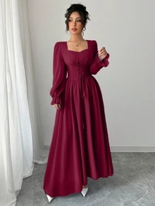 Modelyn Sweetheart Square Neck Long Puff Sleeve Maxi Dress, Front Lace‑Up High Waist Flowy A‑Line Dress - Burgundy - View 7