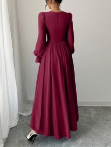 Modelyn Sweetheart Square Neck Long Puff Sleeve Maxi Dress, Front Lace‑Up High Waist Flowy A‑Line Dress - Burgundy - View 2