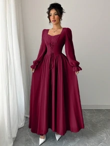 Modelyn Sweetheart Square Neck Long Puff Sleeve Maxi Dress, Front Lace‑Up High Waist Flowy A‑Line Dress - Burgundy - View 4