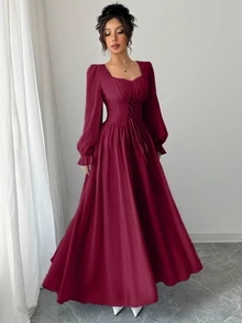 Modelyn Sweetheart Square Neck Long Puff Sleeve Maxi Dress, Front Lace‑Up High Waist Flowy A‑Line Dress - Burgundy - View 5