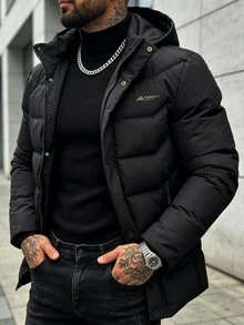 Manfinity Homme جاكيت شتوي رجالي بغطاء رأس وسحاب طويل الأكمام، هدية لعيد الهالوين والكريسماس ورأس السنة - الأسود - مشاهدة 4