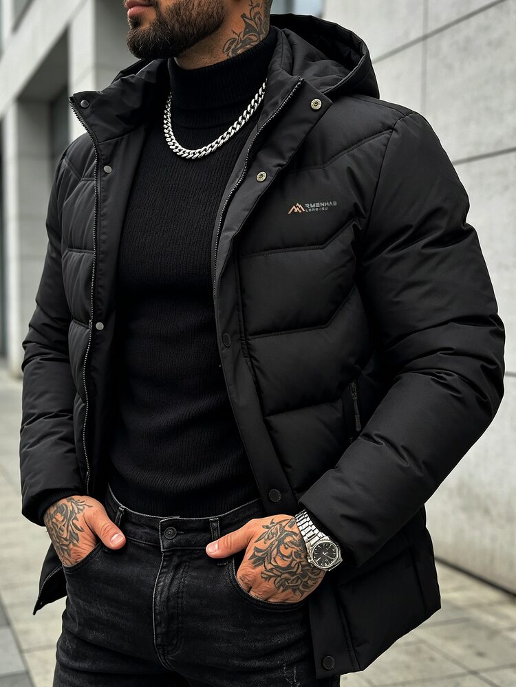 Manfinity Homme 萬聖節、聖誕節、新年禮物 男士長袖拉鍊連帽冬季夾克 - 黑色 - 查看 1