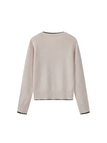 SHEIN Women V‑Neck Contrast Scalloped Trim Knit Pullover, Long Sleeve Ribbed Hem Slim‑Fit Solid Sweater To - Apricot - View 2