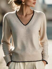 SHEIN Women V‑Neck Contrast Scalloped Trim Knit Pullover, Long Sleeve Ribbed Hem Slim‑Fit Solid Sweater To - Apricot - View 3