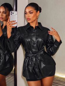 BamGleam Women's Solid Color PU Leather Waist Tie Fashion Versatile Long Sleeve Jacket - Black - View 5