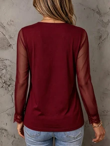 LUMIGAL Women's Solid Color Contrast Mesh Lace Cuff V-Neck Casual Top - Burgundy - View 2
