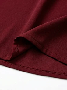 LUMIGAL Women's Solid Color Contrast Mesh Lace Cuff V-Neck Casual Top - Burgundy - View 3