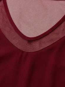LUMIGAL Women's Solid Color Contrast Mesh Lace Cuff V-Neck Casual Top - Burgundy - View 5