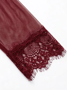 LUMIGAL Women's Solid Color Contrast Mesh Lace Cuff V-Neck Casual Top - Burgundy - View 4