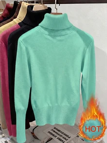 Franclia Pakaian Dalam Rajut Lengan Panjang Slim Fit Berkerah Tinggi Tebal Berlapisan Bulu untuk Musim Gugur/Dingin Gaya Eropa-Amerika, Cocok untuk Sehari-hari di Kantor, Warna Hijau Mint, Kasual - Mint Blue - View 6
