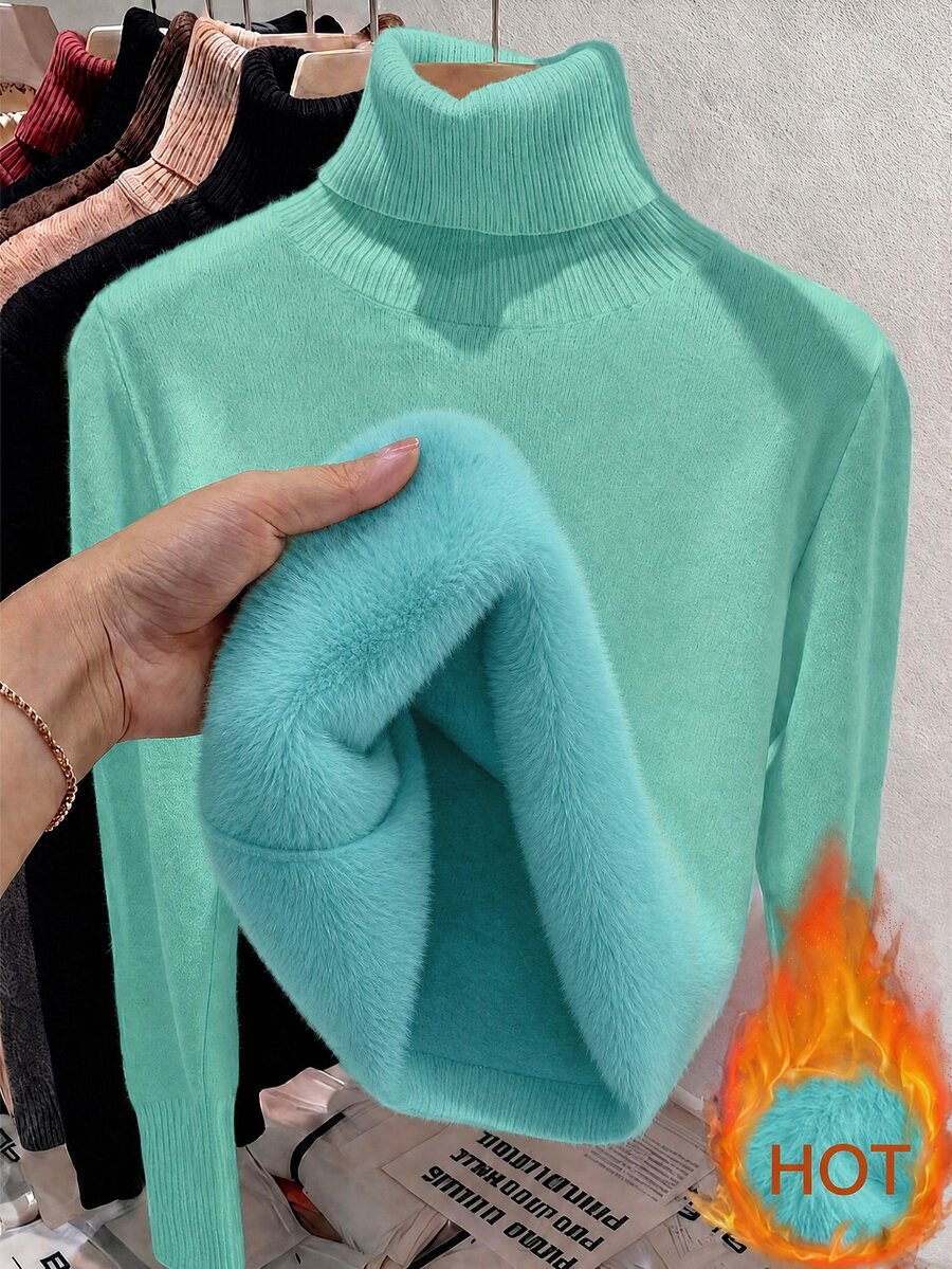 Franclia Pakaian Dalam Rajut Lengan Panjang Slim Fit Berkerah Tinggi Tebal Berlapisan Bulu untuk Musim Gugur/Dingin Gaya Eropa-Amerika, Cocok untuk Sehari-hari di Kantor, Warna Hijau Mint, Kasual