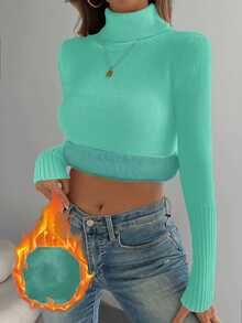 Franclia Pakaian Dalam Rajut Lengan Panjang Slim Fit Berkerah Tinggi Tebal Berlapisan Bulu untuk Musim Gugur/Dingin Gaya Eropa-Amerika, Cocok untuk Sehari-hari di Kantor, Warna Hijau Mint, Kasual - Mint Blue - View 4