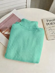 Franclia Pakaian Dalam Rajut Lengan Panjang Slim Fit Berkerah Tinggi Tebal Berlapisan Bulu untuk Musim Gugur/Dingin Gaya Eropa-Amerika, Cocok untuk Sehari-hari di Kantor, Warna Hijau Mint, Kasual - Mint Blue - View 7