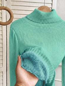 Franclia Pakaian Dalam Rajut Lengan Panjang Slim Fit Berkerah Tinggi Tebal Berlapisan Bulu untuk Musim Gugur/Dingin Gaya Eropa-Amerika, Cocok untuk Sehari-hari di Kantor, Warna Hijau Mint, Kasual - Mint Blue - View 5