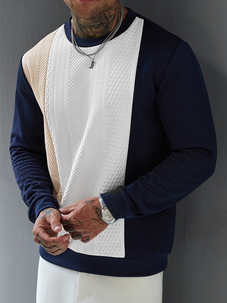 EGENSIO Men's Colorblock Crew Neck Long Sleeve Casual Pullover Sweatshirt - Navy Blue - View 3