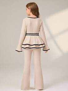 SHEIN Tween Girls Contrast Trim Rib-Knit Apricot Layered Peplum Top & Flare Pants 2pcs Set Elegant Bow Cinched Waist Flare Sleeve Outfit Autumn - Khaki - View 2