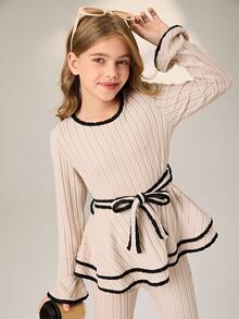 SHEIN Tween Girls Contrast Trim Rib-Knit Apricot Layered Peplum Top & Flare Pants 2pcs Set Elegant Bow Cinched Waist Flare Sleeve Outfit Autumn - Khaki - View 7