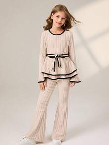 SHEIN Tween Girls Contrast Trim Rib-Knit Apricot Layered Peplum Top & Flare Pants 2pcs Set Elegant Bow Cinched Waist Flare Sleeve Outfit Autumn - Khaki - View 6