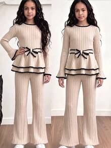 SHEIN Tween Girls Contrast Trim Rib-Knit Apricot Layered Peplum Top & Flare Pants 2pcs Set Elegant Bow Cinched Waist Flare Sleeve Outfit Autumn - Khaki - View 1